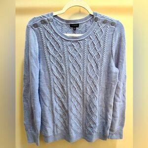 Talbots Periwinkle Blue Cable Knit Crewneck Sweater with shoulder Buttons Size M